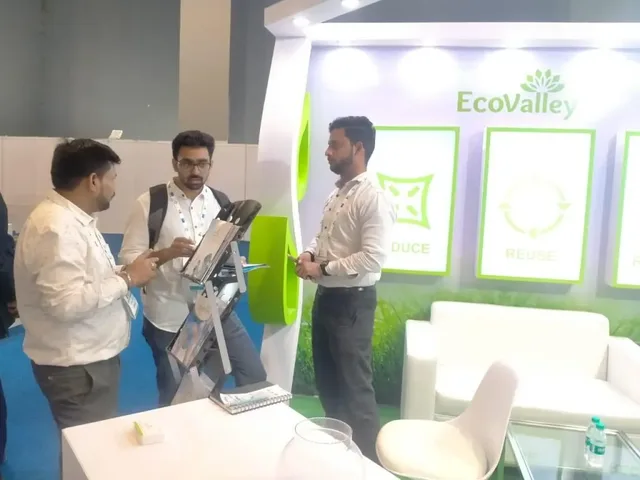 Visitor conversation at the EcoValley booth, India Aerosols Expo 2023