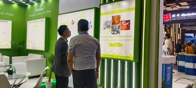 Conversation with a buyer at the EcoValley booth, India Rubber Expo 2026
